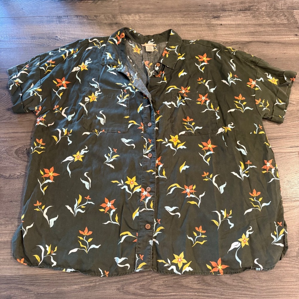 Duluth Trading Co Floral Tencel Lyocell Button Down Shirt Olive Green 2XL - Picture 2 of 10